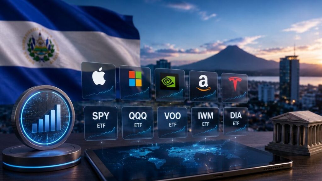 Infografía de acciones de EE.UU. y ETFs sobre una tableta con fondo de El Salvador y un volcán.