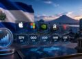 Infografía de acciones de EE.UU. y ETFs sobre una tableta con fondo de El Salvador y un volcán.