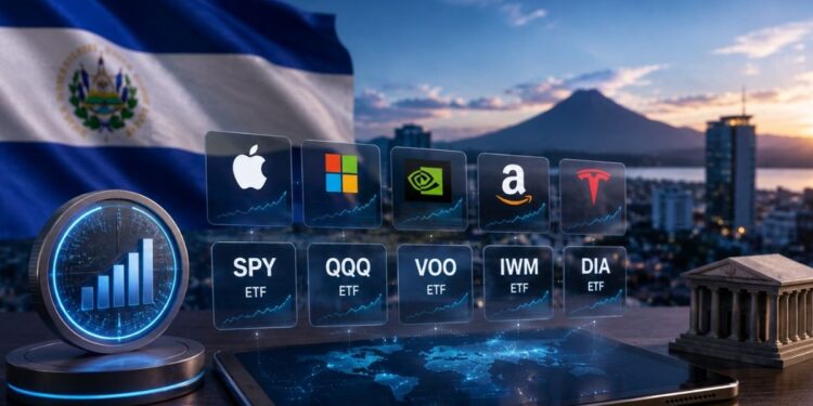 Infografía de acciones de EE.UU. y ETFs sobre una tableta con fondo de El Salvador y un volcán.