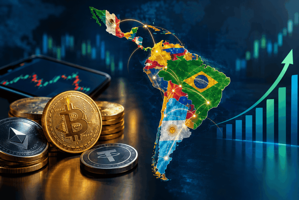 Mapa de Suramérica con unas monedas de bitcoin y stablecoin