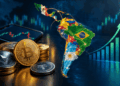 Mapa de Suramérica con unas monedas de bitcoin y stablecoin