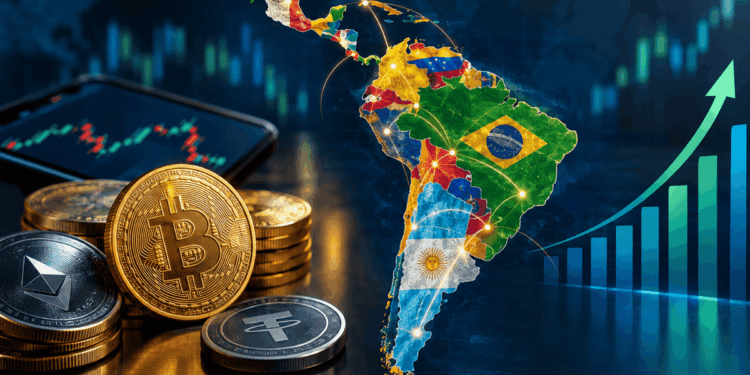Mapa de Suramérica con unas monedas de bitcoin y stablecoin