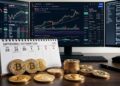 Monedas de bitcoin con un calendario semanal del 29 de septiembre al 2 de octubre de 2026, con gráficas de mercado en el fondo