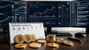 Monedas de bitcoin con un calendario semanal del 29 de septiembre al 2 de octubre de 2026, con gráficas de mercado en el fondo