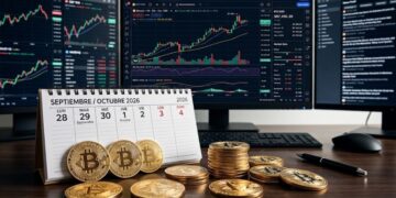 Monedas de bitcoin con un calendario semanal del 29 de septiembre al 2 de octubre de 2026, con gráficas de mercado en el fondo