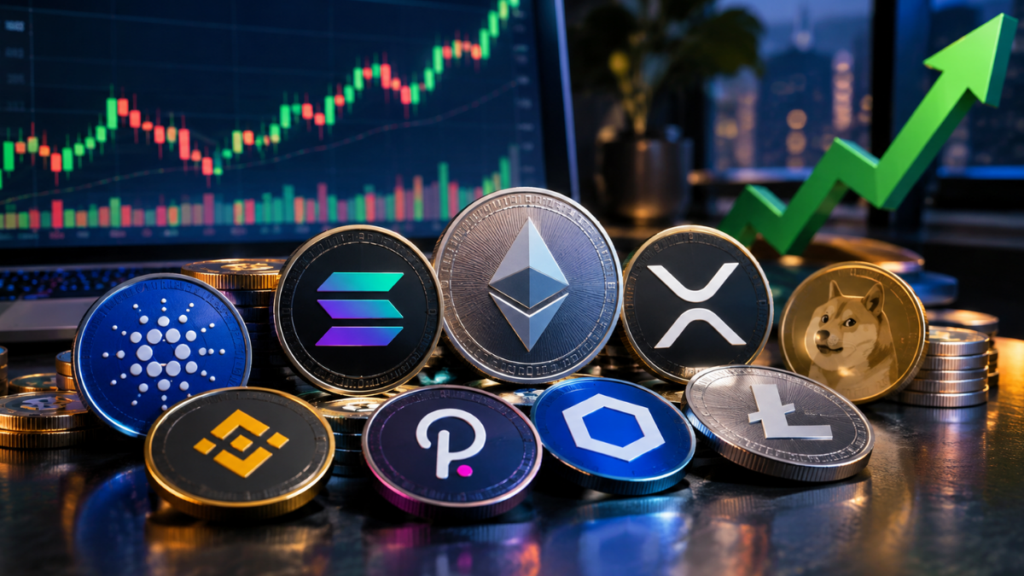 criptomonedas populares con gráfico de precios alcista al fondo.