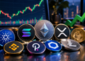 criptomonedas populares con gráfico de precios alcista al fondo.