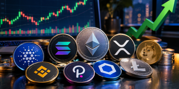 criptomonedas populares con gráfico de precios alcista al fondo.