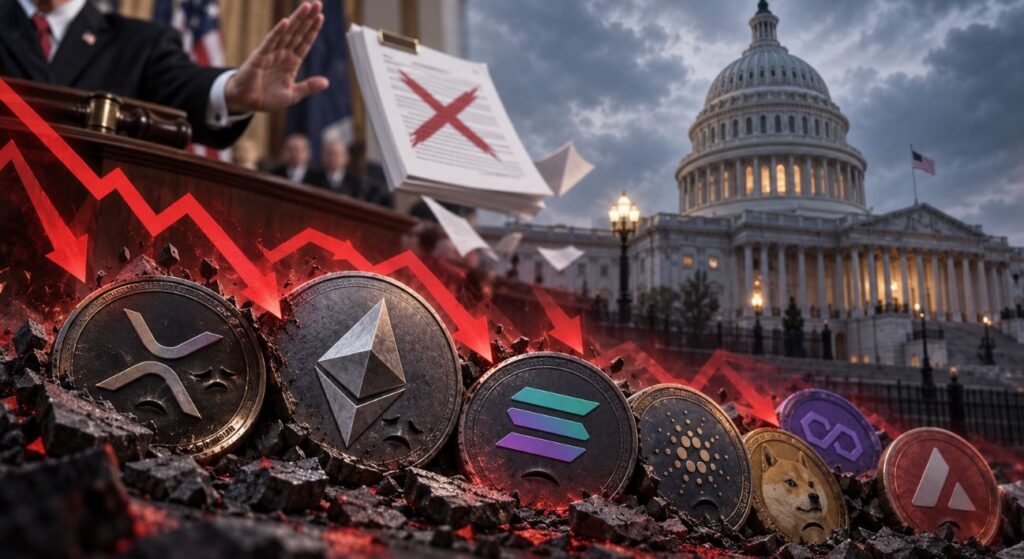 Una mano que impide el paso de altcoins y de un block de hojas: de fondo, se ve el Congreso de Estados Unidos.