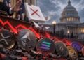Una mano que impide el paso de altcoins y de un block de hojas: de fondo, se ve el Congreso de Estados Unidos.