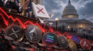 Una mano que impide el paso de altcoins y de un block de hojas: de fondo, se ve el Congreso de Estados Unidos.