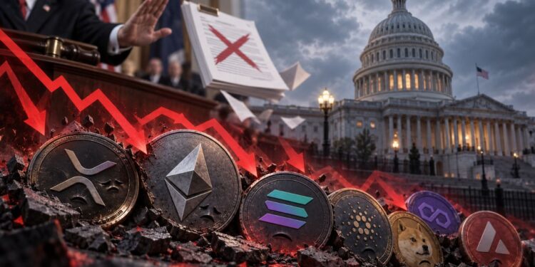 Una mano que impide el paso de altcoins y de un block de hojas: de fondo, se ve el Congreso de Estados Unidos.