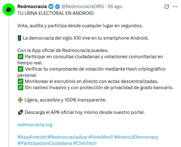 Anuncio de Redmocracia en X.