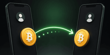 Dos celulares intercambian bitcoins mediante una transferencia digital.