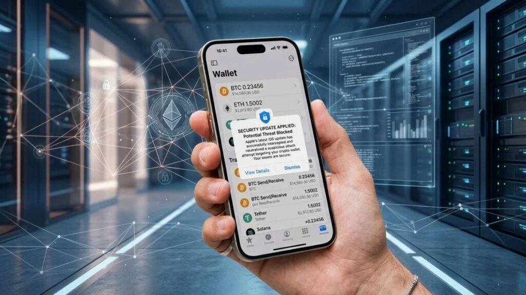 Mano sosteniendo un iPhone con una wallet de criptomonedas y una alerta de actualización de seguridad en un centro de datos.