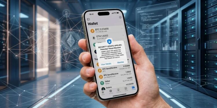 Mano sosteniendo un iPhone con una wallet de criptomonedas y una alerta de actualización de seguridad en un centro de datos.