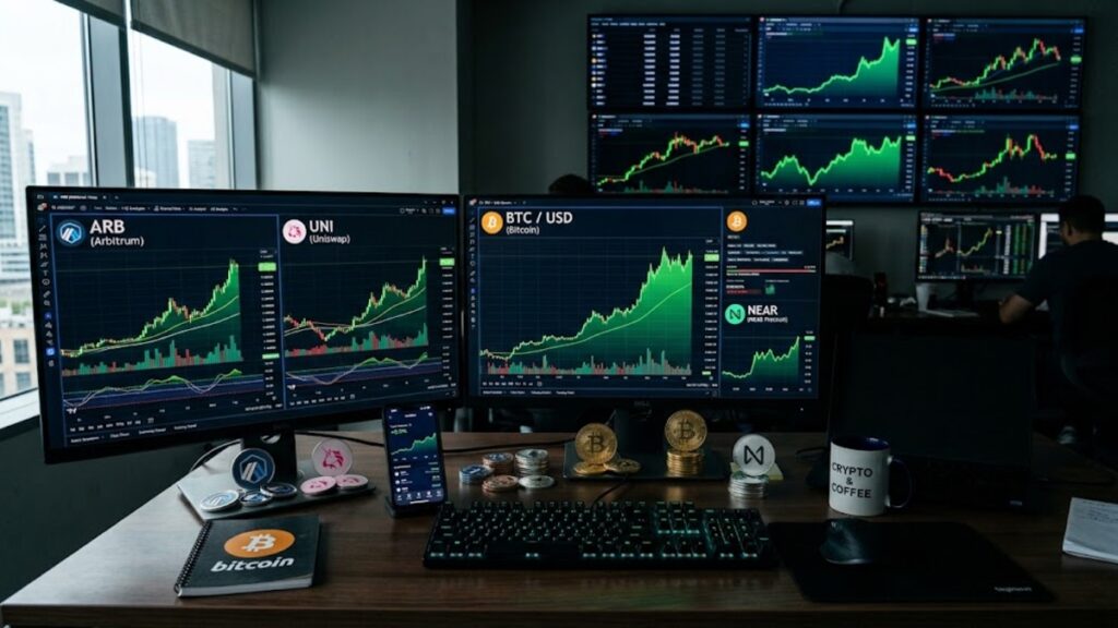 Monedas ARB, UNI y NEAR, junto a bitcoin y gráficas de mercado en verde de fondo.