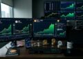 Monedas ARB, UNI y NEAR, junto a bitcoin y gráficas de mercado en verde de fondo.