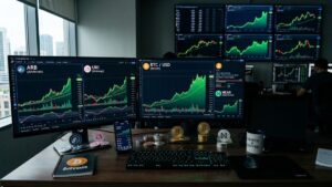 Monedas ARB, UNI y NEAR, junto a bitcoin y gráficas de mercado en verde de fondo.