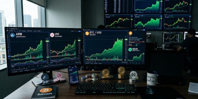 Monedas ARB, UNI y NEAR, junto a bitcoin y gráficas de mercado en verde de fondo.