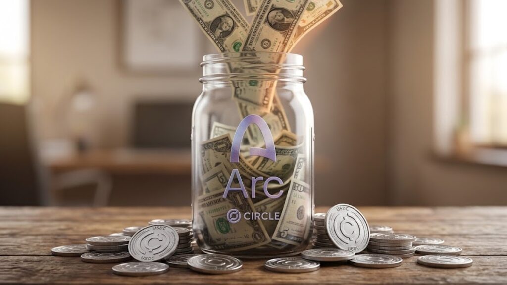 Tarro de vidrio con el logo provisto grabado, con dolares entrando a ese tarro y monedas de USDC alrededor.