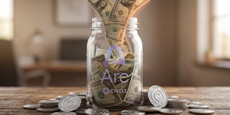 Tarro de vidrio con el logo provisto grabado, con dolares entrando a ese tarro y monedas de USDC alrededor.