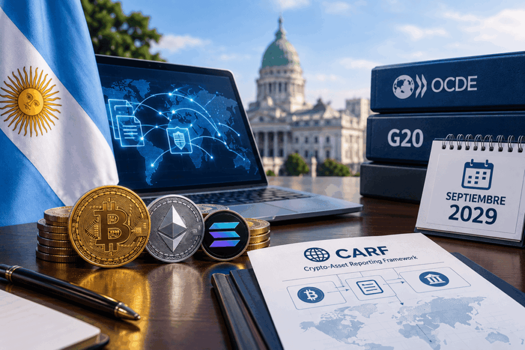 Bandera argentina, criptomonedas, mapa mundial y documentos de reporte fiscal.