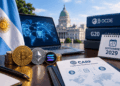 Bandera argentina, criptomonedas, mapa mundial y documentos de reporte fiscal.