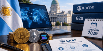 Bandera argentina, criptomonedas, mapa mundial y documentos de reporte fiscal.