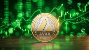 Moneda de AVAX con fondo de gráficos de precio en verde