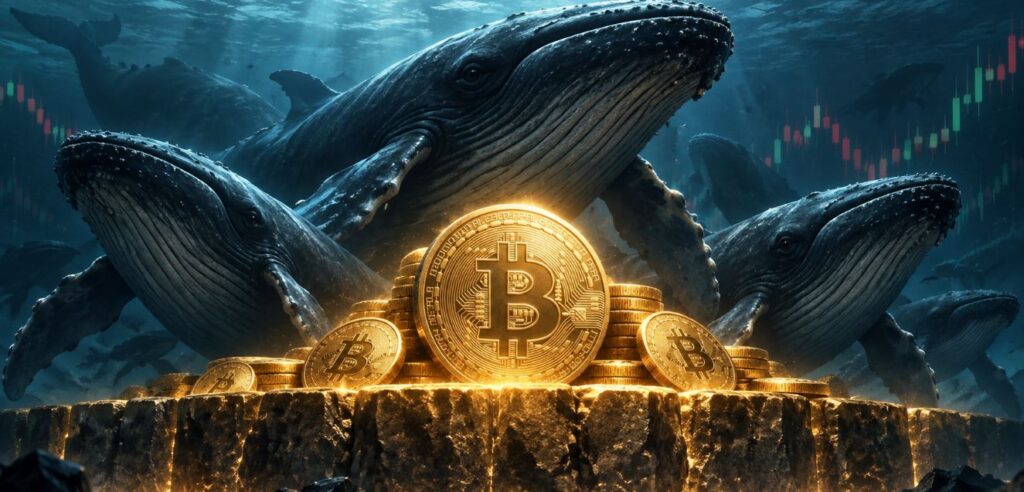 Tres ballenas detrás de monedas físicas de bitcoin.