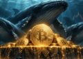 Tres ballenas detrás de monedas físicas de bitcoin.