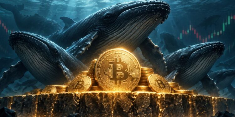 Tres ballenas detrás de monedas físicas de bitcoin.