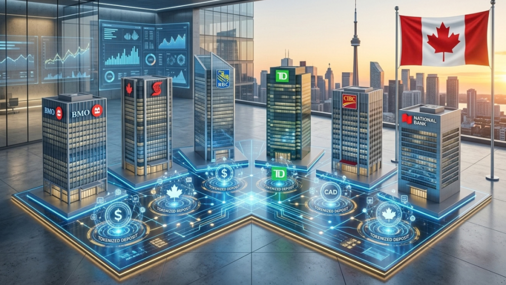 Representación conceptual en 3D de los seis grandes bancos de Canadá conectados por redes digitales de depósitos tokenizados y la bandera canadiense.