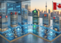 Representación conceptual en 3D de los seis grandes bancos de Canadá conectados por redes digitales de depósitos tokenizados y la bandera canadiense.