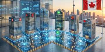 Representación conceptual en 3D de los seis grandes bancos de Canadá conectados por redes digitales de depósitos tokenizados y la bandera canadiense.