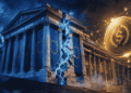 Ilustración conceptual de un edificio bancario de arquitectura europea con una grieta luminosa en su fachada, junto a una moneda digital dorada flotando en un entorno de luz azul institucional y dorado.
