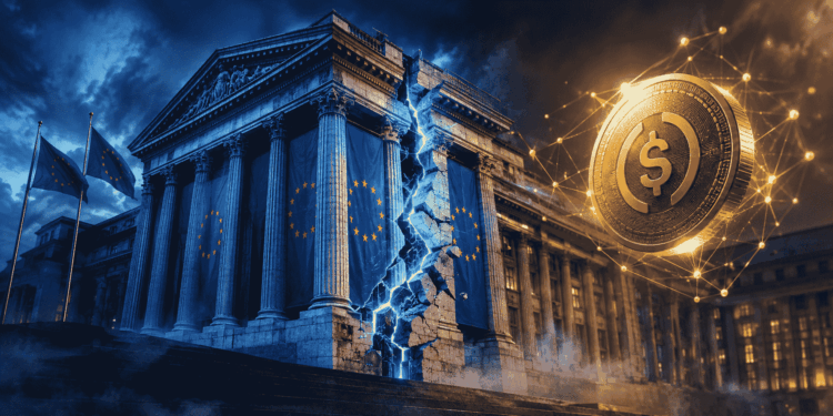 Ilustración conceptual de un edificio bancario de arquitectura europea con una grieta luminosa en su fachada, junto a una moneda digital dorada flotando en un entorno de luz azul institucional y dorado.