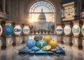 Ocho asociaciones bancarias en pedestales de mármol rodean monedas de stablecoins con el Capitolio al fondo.