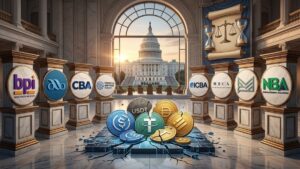 Ocho asociaciones bancarias en pedestales de mármol rodean monedas de stablecoins con el Capitolio al fondo.