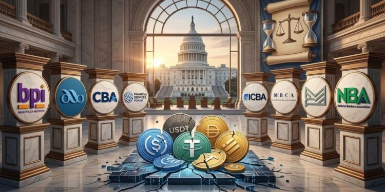 Ocho asociaciones bancarias en pedestales de mármol rodean monedas de stablecoins con el Capitolio al fondo.