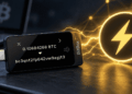 Dispositivo físico de BitBox y logo de Lightning Network.