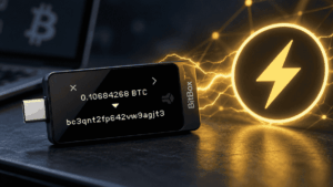 Dispositivo físico de BitBox y logo de Lightning Network.