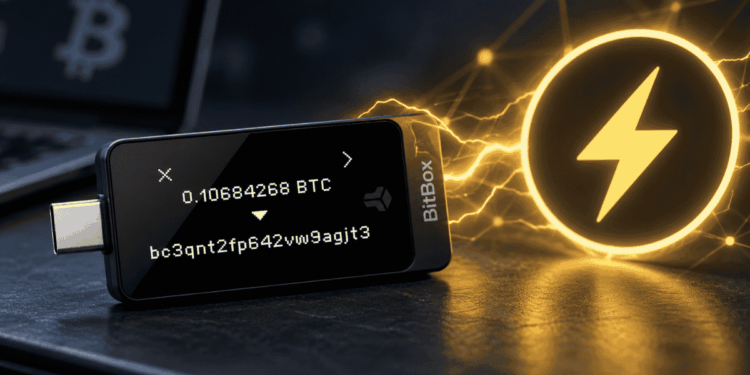 Dispositivo físico de BitBox y logo de Lightning Network.