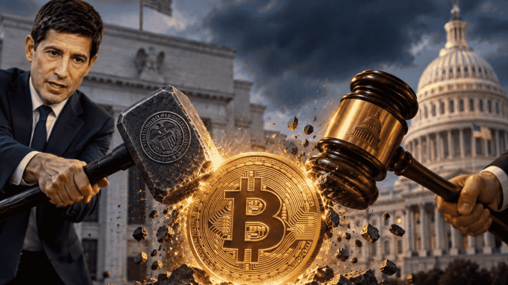 Kevin Warsh y el Senado golpeando a una moneda de bitcoin.