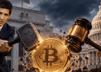 Kevin Warsh y el Senado golpeando a una moneda de bitcoin.