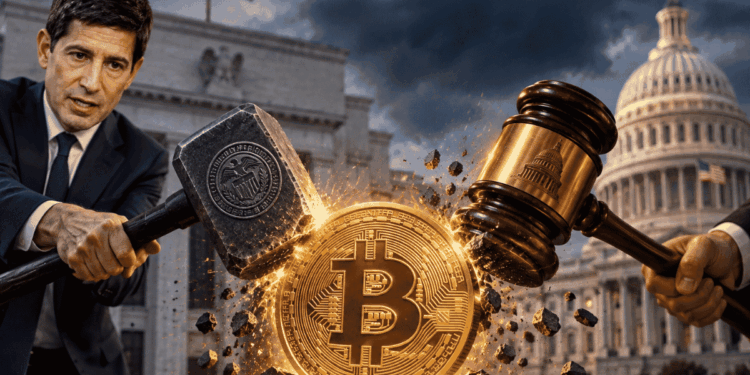 Kevin Warsh y el Senado golpeando a una moneda de bitcoin.