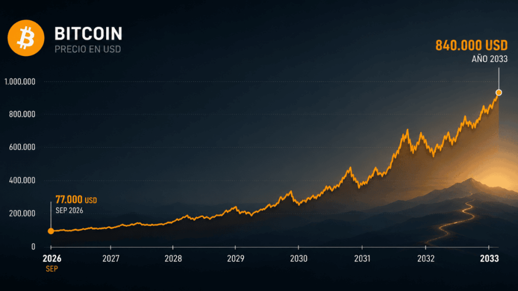 Gráfico de precio de bitcoin subiendo a 840.000 dólares.