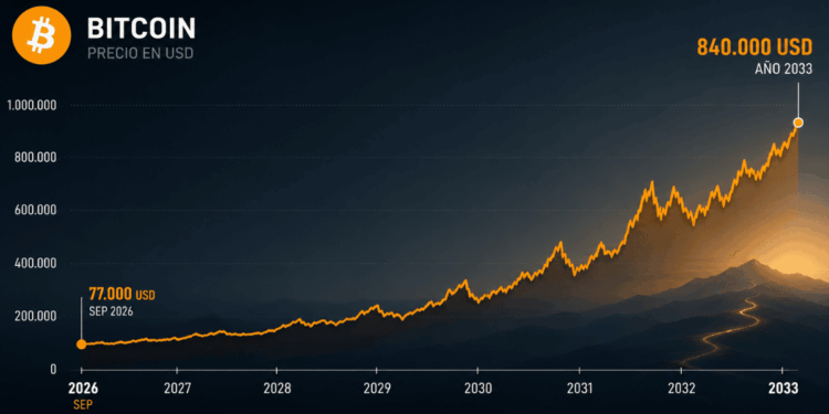 Gráfico de precio de bitcoin subiendo a 840.000 dólares.