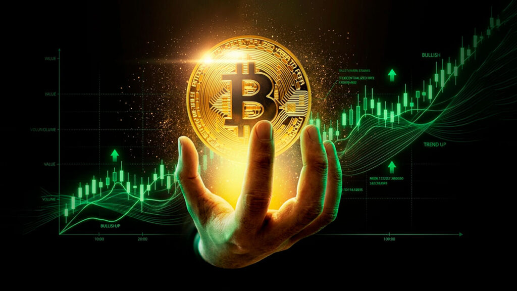 Bitcoin y grafico en alza.